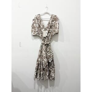 NWT Padova Floral Short Sleeve V-Neck Long Maxi Dress White Brown Womens Size 12